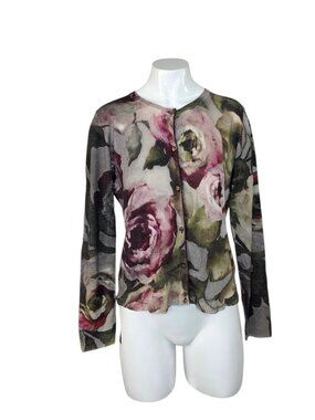 Escada Floral Button Up Cardigan, Wool Blend, Fantasy Print, Size Small